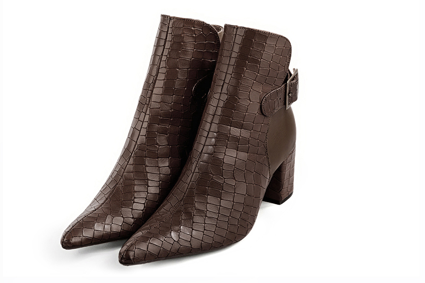 Dark brown women's ankle boots with buckles at the back. Tapered toe. Medium block heels. Front view - Florence KOOIJMAN